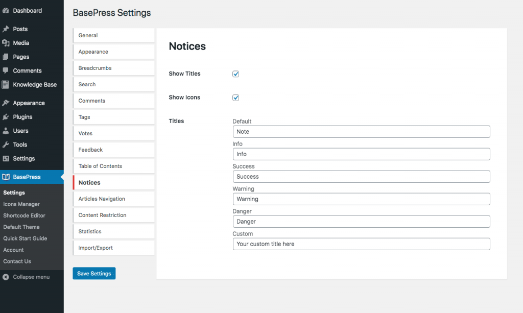 Notices Settings – BasePress Demo